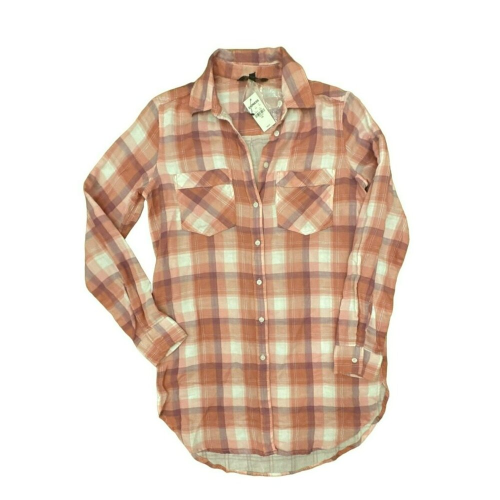 Express Pink Plaid Button Up Long Sleeve Shirt Size XS Womens Tunic White NWT